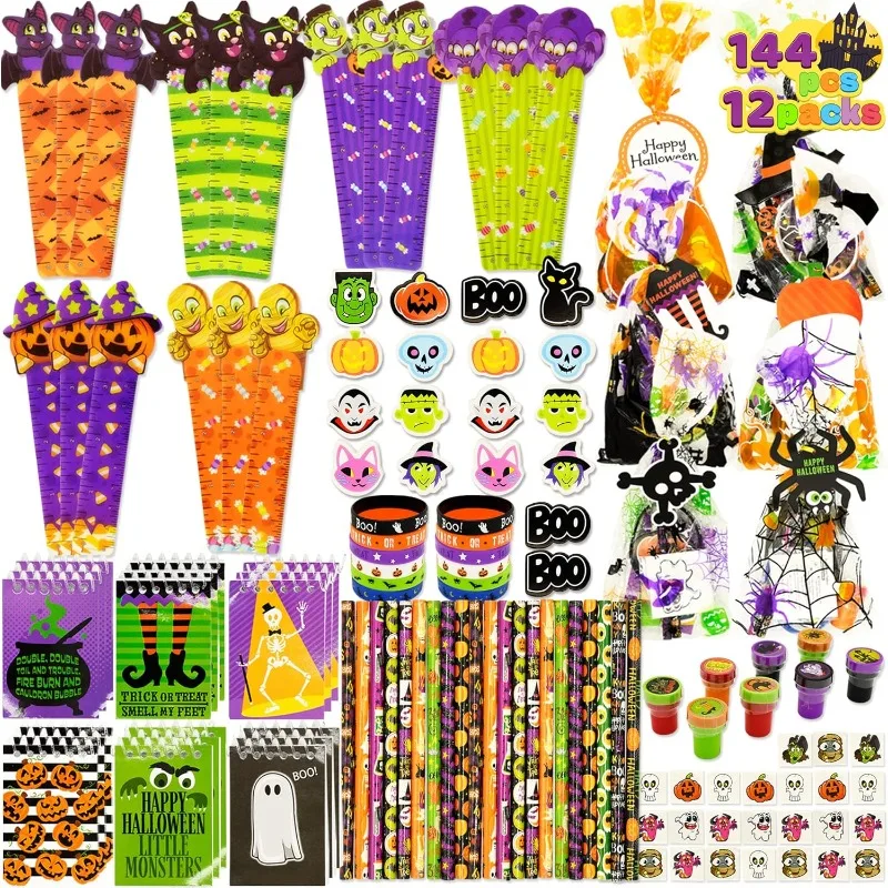 Sloosh 144-teiliges Halloween-Party-Geschenkset, 12er-Pack vorgefüllte Geschenktüten & Schreibwarenset mit Halloween-Themen-Bleistiften, Linealen, Radiergummis, Notizblöcken, Schaumstoff-Aufklebern