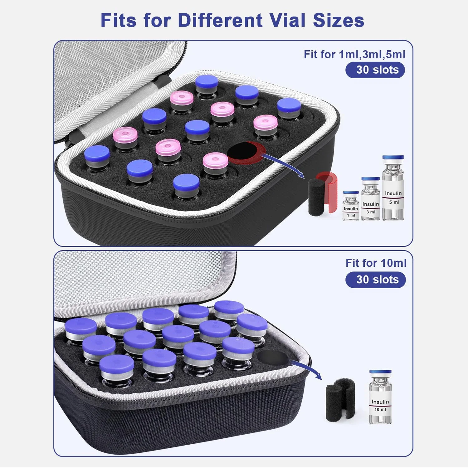 Hard Shell Peptides Case with Foam Insert,Insulin Vial Carrying Case for 1ml 3ml 5ml 10ml ,Portable Travel Storage Bag view 3