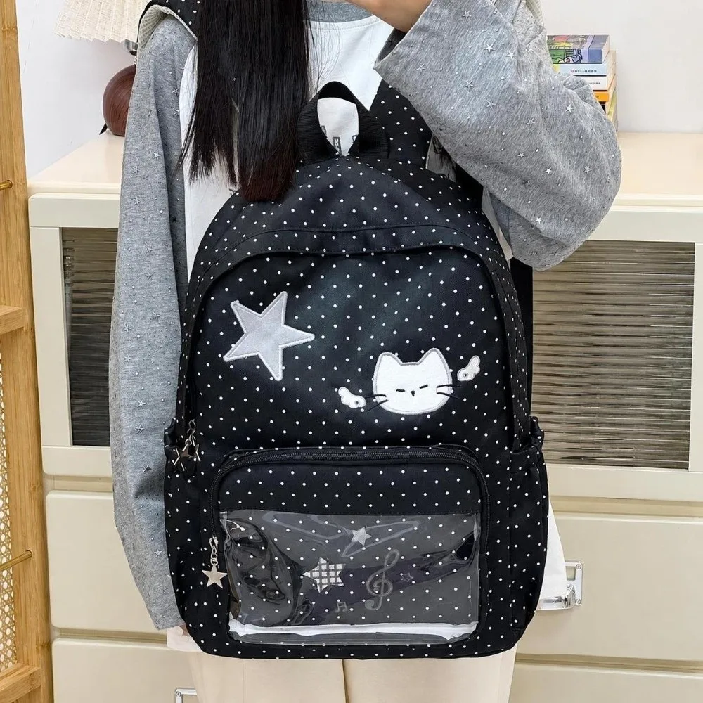 Kawaii Star Cat Embroidery Travel Backpack Large Capacity Polka Dot School Bag Nylon Ita Bag for Students