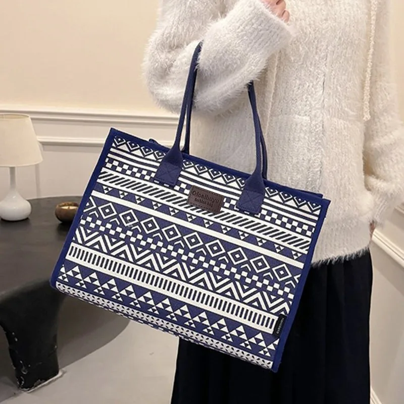 

2026 Casual Ethnic Style Large Capacity Lightweight Shoulder Mommy Bag Canvas Handheld Shopping Tote Bag for For Commuting