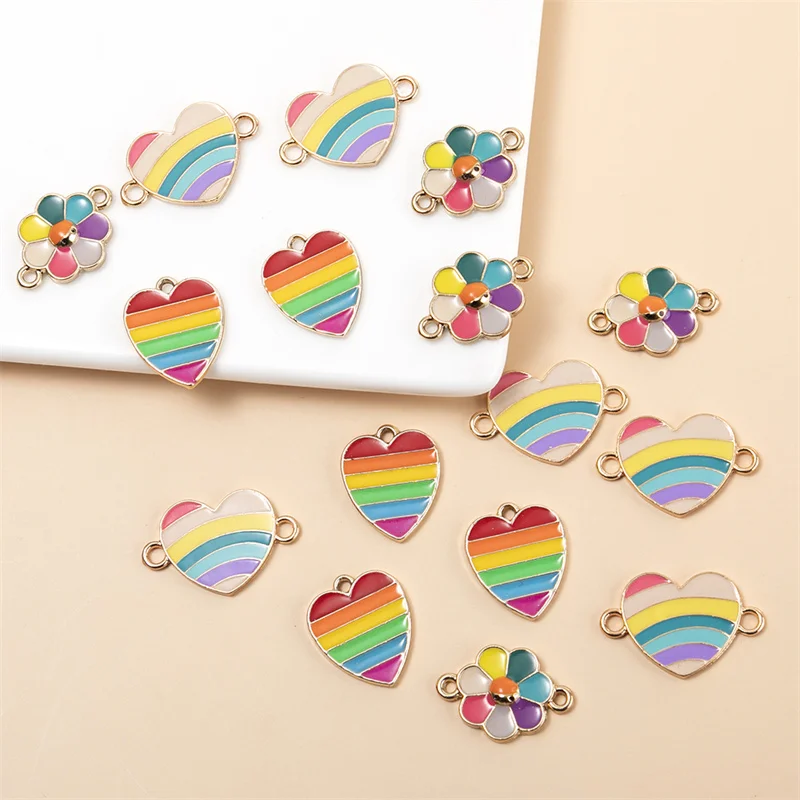 HEYUYAO 10pcs/lot Rainbow Heart Flower Charms Pendant Connector DIY Bracelets Necklace for Jewelry Making Accessories