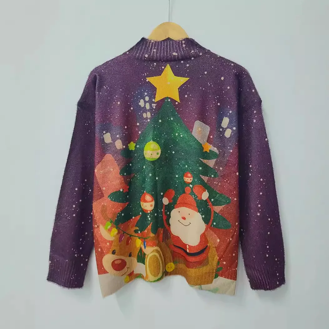 Beautiful Winter Pullover, Fashionable And Cute Santa Claus Printed Sweater, Small Stand Collar Patchwork Mink Sweater