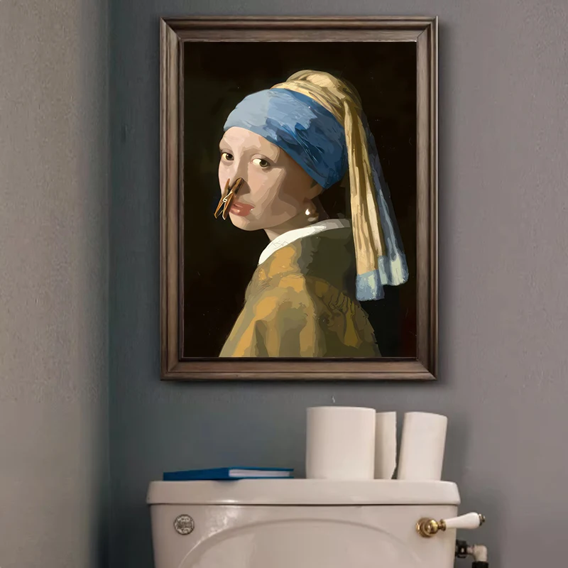 1 peça de Decoração Divertida Abstrata para Banheiro e Casa, Pôster de Parede Sem Moldura com Menina Mona Lisa Excêntrica com Pérolas para Decoração d