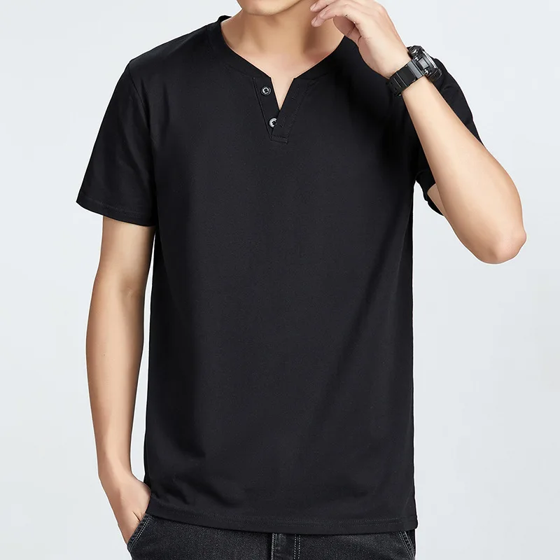 الصلبة اللون الخامس الرقبة زر قصيرة الصيف جديد تي شيرت قاعدة قميص كم أعلى الملابس الرجالية العصرية