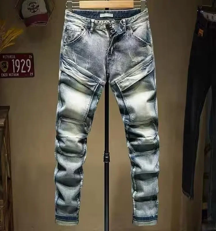 

Мужские джинсы в стиле ретро, с эффектом потертости, с эластичной вставкой, облегающие, в корейском стиле, повседневные длинные брюки