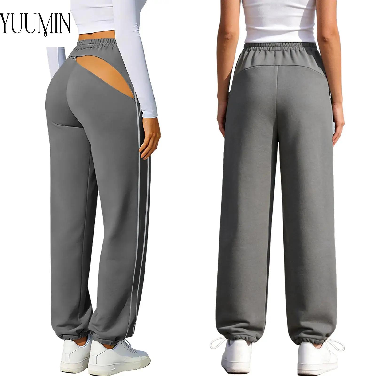Womens Sports Pants Back Invisible Zipper Wide-Leg Pants Loungewear Elastic Waistband Drawstring Leg Opening Running Sweatpants