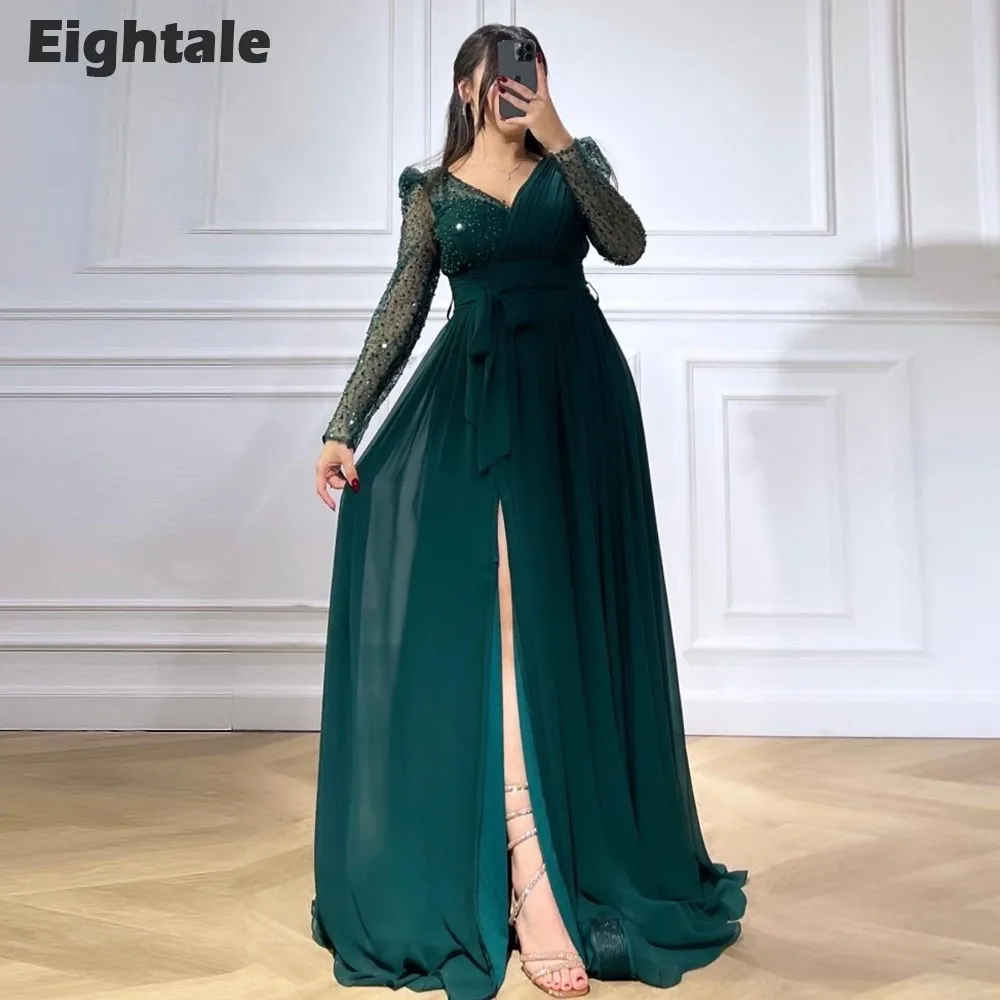 

Eightale Elegant Evening Dresses V-Neck Pleats Chiffon Long Sleeves Side Slit Prom Party Gown Graduation robes de soirée