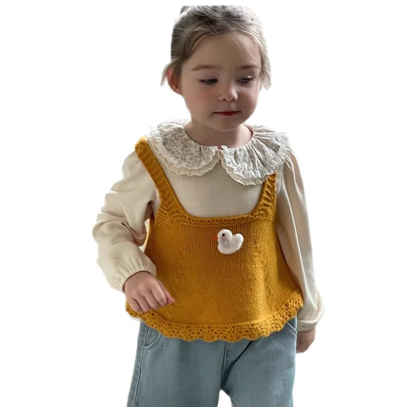 

Girls' Children's Outfit 2025Autumn New Double Layer Collar Long SleeveTLayered Shirt Sweater Vest Straight-Leg Jeans