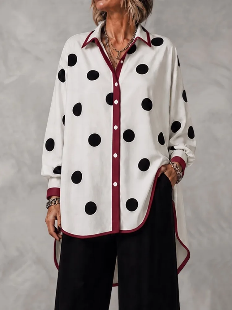 Yeezzi Women's Trendy Black Polka Dot Lapel Shirt 2026 Long Sleeves Buttoned Contrast Color High‑Low Hem Office Commuting Blouse