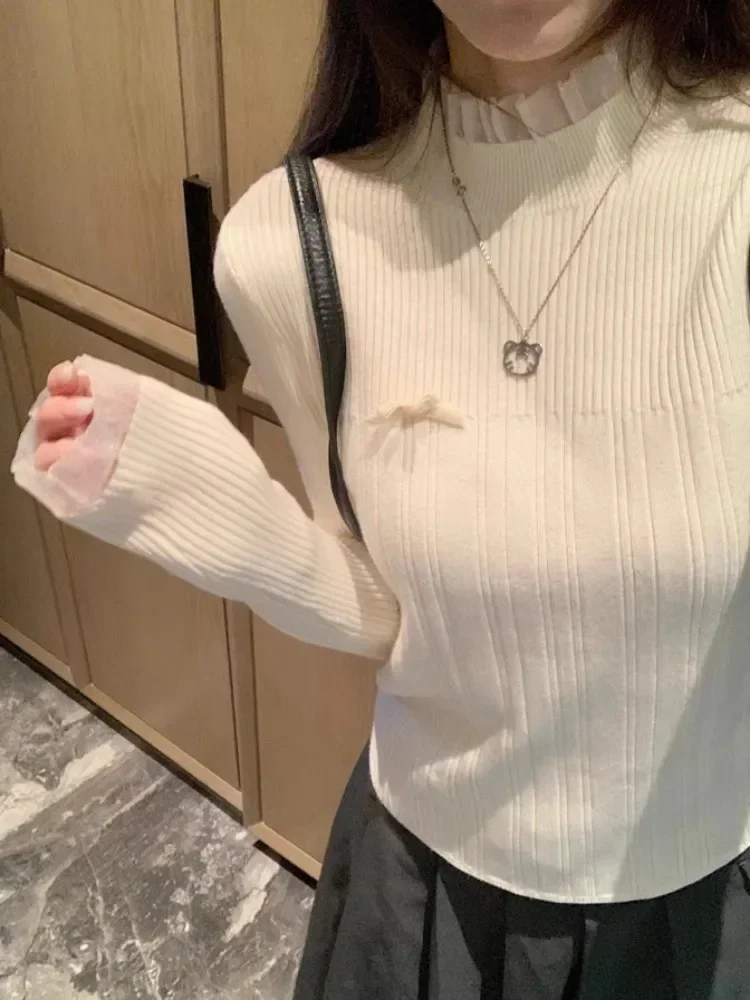 

Вязаные пуловеры женские осенние сетчатые лоскутные с бантом милые тонкие повседневные джемперы корейский стиль базовый простой дизайн эстетический темперамент