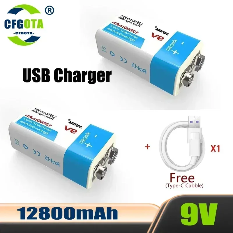 

9V Rechargeable Battery 12800mAh 6F22 Micro USB 9v Li-ion Lithium Batteries for Multimeter Microphone Toy Remote Control KTV