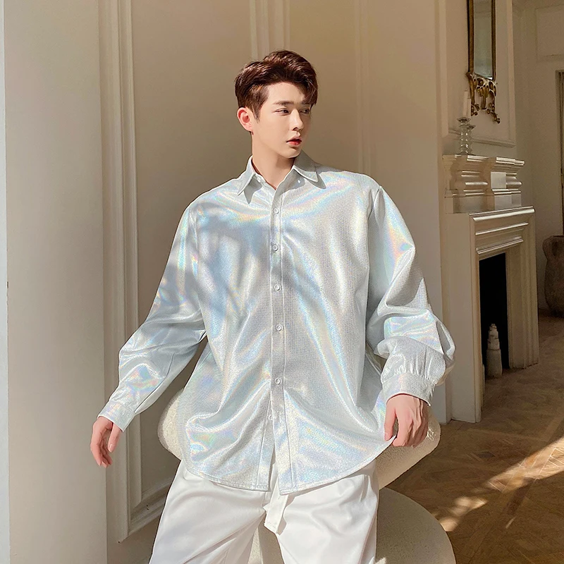 

Loose Men's Shirt Laser Performance Shirt Fashionable Street Style Korean Version Long Sleeve Square Collar