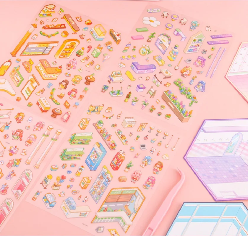 Cartoon Landscape Stickers Cute 3D Miniature House Handmade DIY Decompression Landscape Tent Stickers Painting