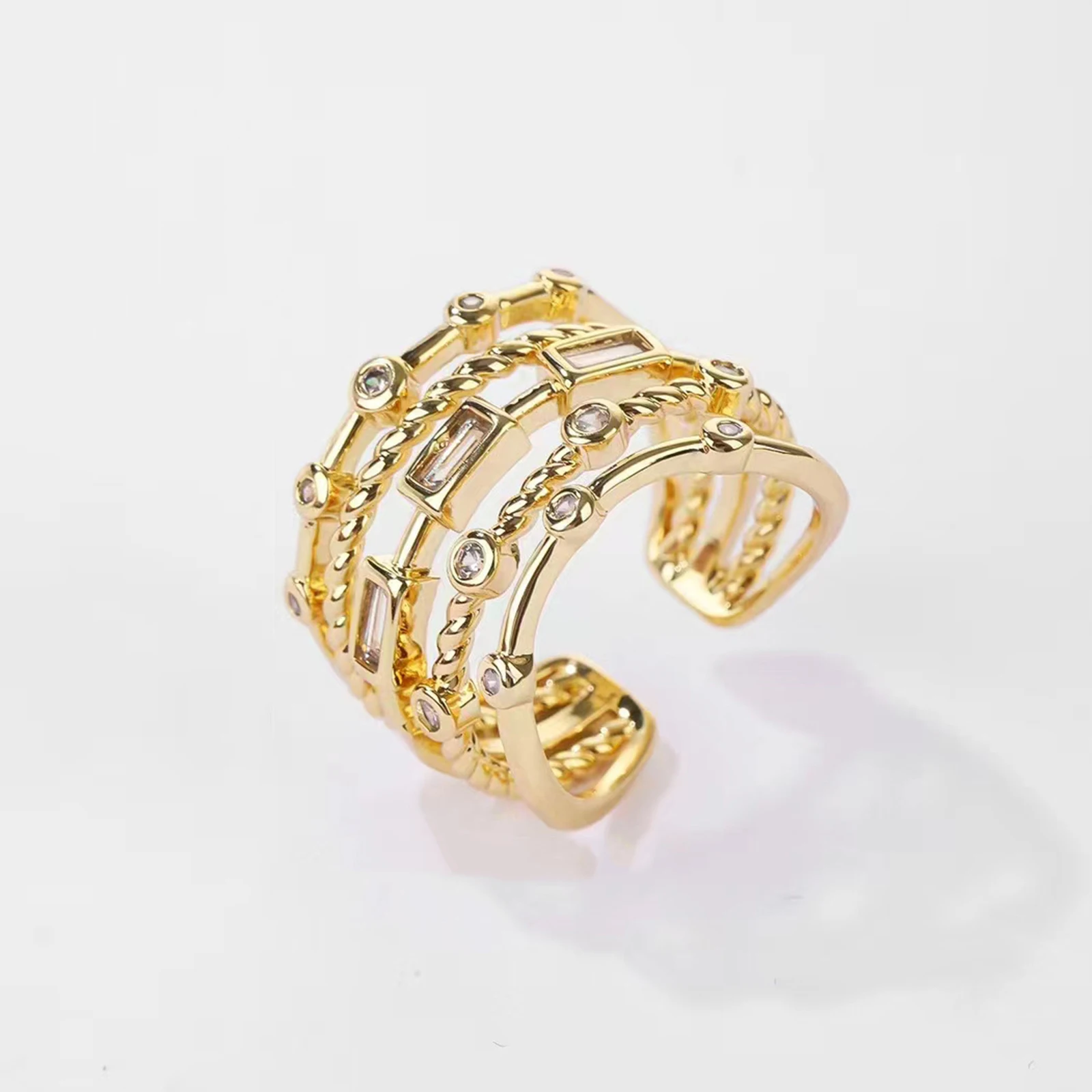 Nwe 18 K Gold Plated Sun Rings for Women Natural Stone Inlaid in Hollow Metal Texture Ring Trendy Jewelry