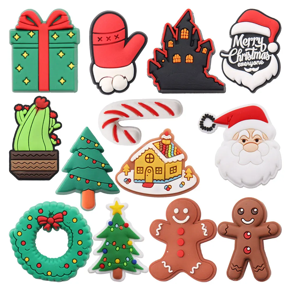 1-13PCS Cartoon Kawaii Cactus Cabin Santa Claus Gifts Gingerbread Man PVC Shoe Charms Hole Slipper Decoration Shoe Accessories