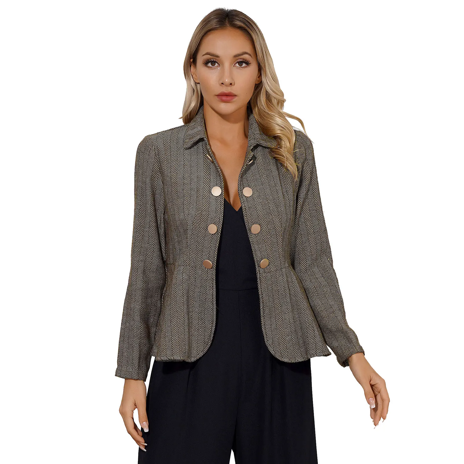 Womens Elegant Blazer Jacket Turn-Down Collar Long Sleeve Ruffle Peplum Outerwear Coat Work Office Casual Shawl Blazer Jacket