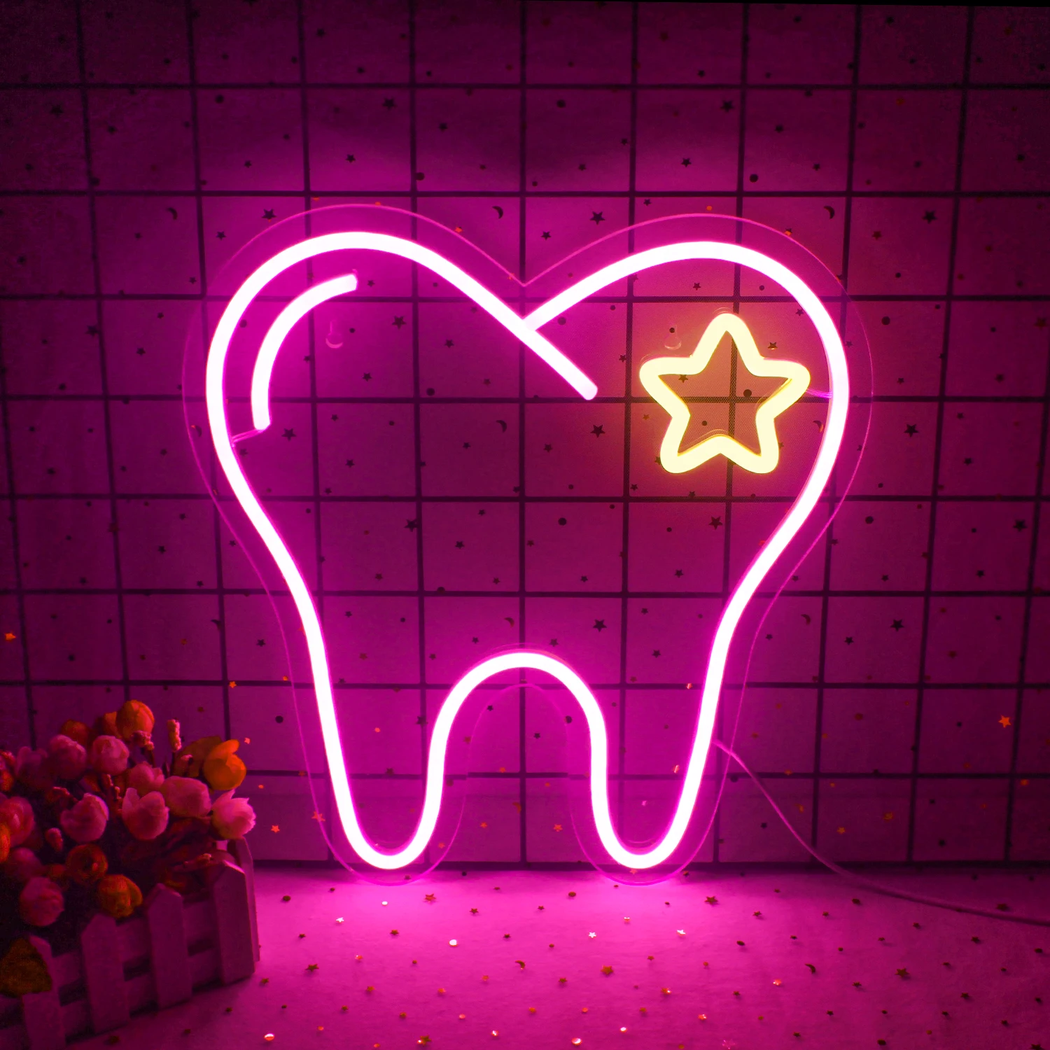 Star Neon Sign for Wall Decor USB Powered Pink Tooth Neon Sign Light for Bedroom Neon Kids Girls Birthday Party Living Room Neon