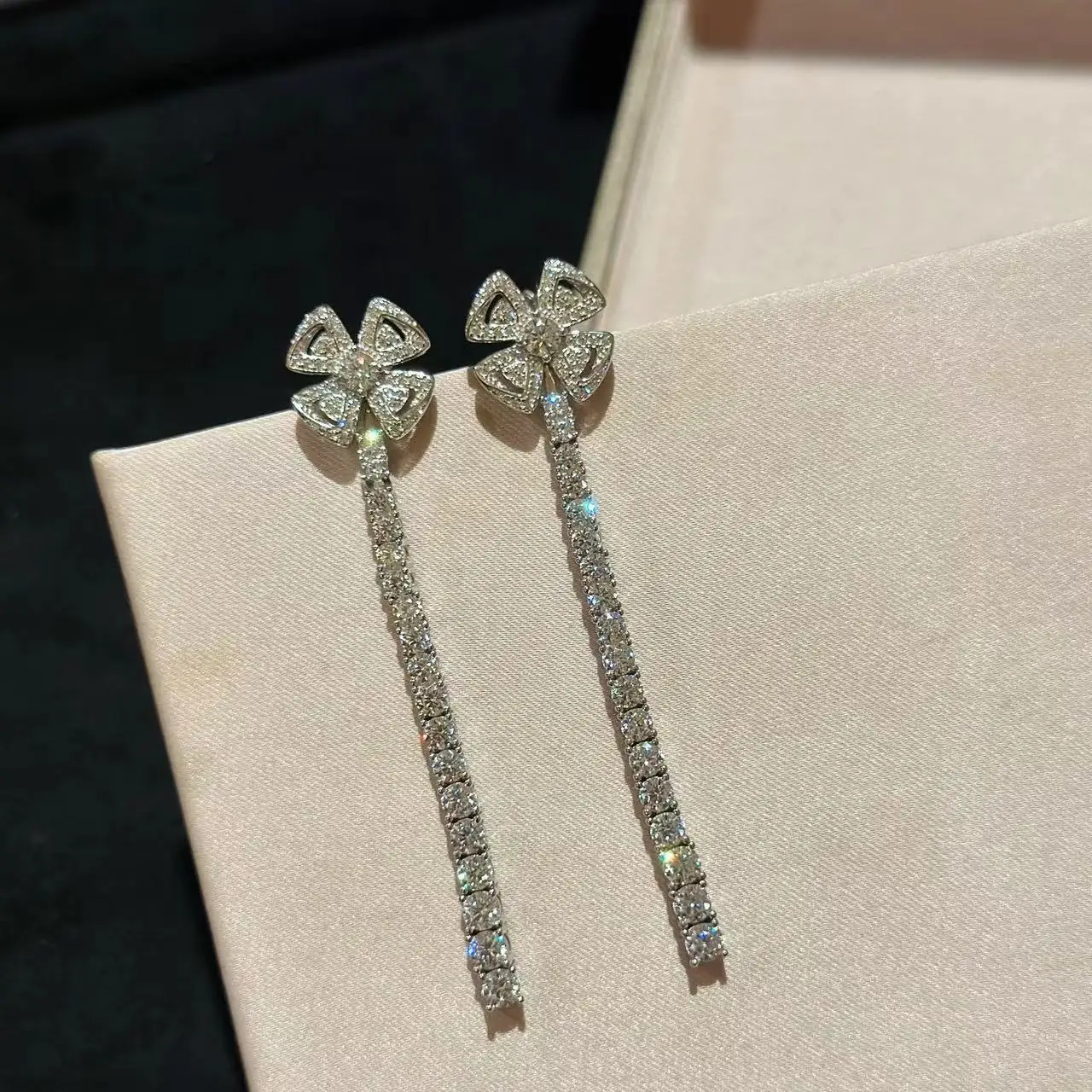 Luxury Fashion 925 Silver High Carbon Diamond Four-Leaf Clover Drop Dangle Long Tassel Earrings Multi-hearts Moissanite Jewelry