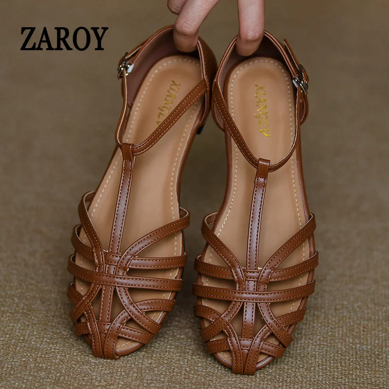 ZAROY Plus Size 44 Women's Summer Roman Sandals Casual T-tied Gladiator Sandals Closed-toe Hollow Flats Sandalia Zapatos сан
