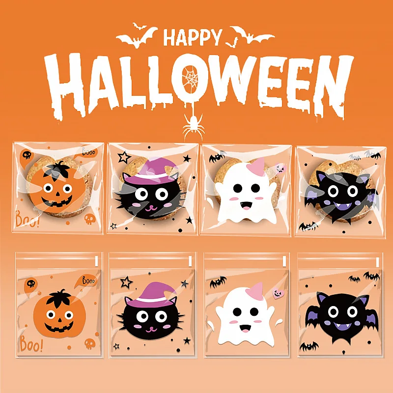 100pcs Halloween Self-sealing Bag Cookies Nougat Candy Packaging Party Transparent Cute Cartoon Opp Bag Festival Gift Small Bags