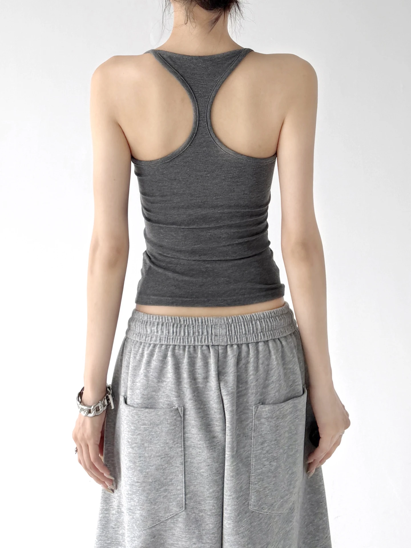 Slim Fit Lace Trim Printed Strap Vest Women's Summer New Style Sleeveless Top Grey Cotton Polyester Blend Square Neck Design
