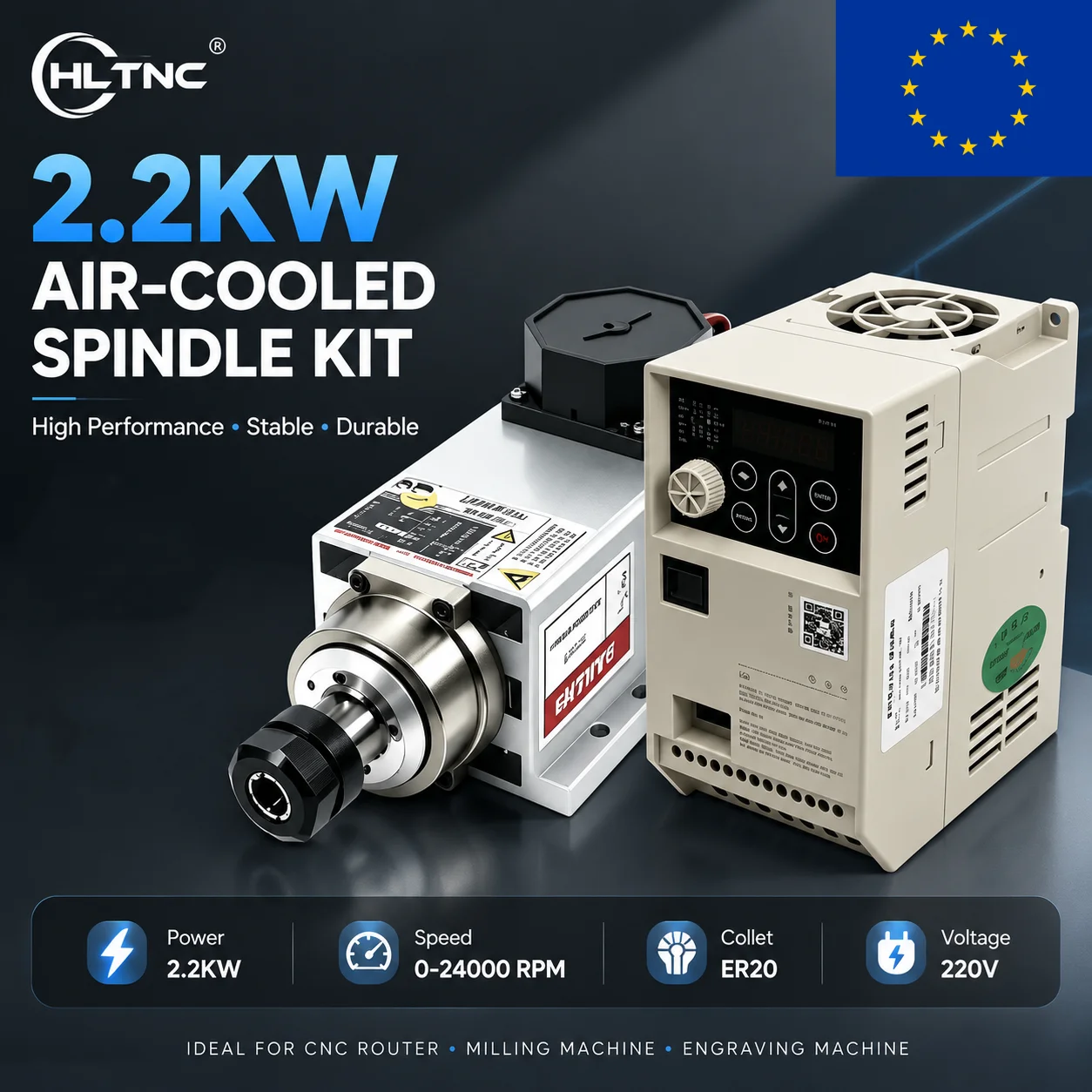 Image of 2,2 kW CNC-Spindelmotor-Kit 220V ER20 luftgekühlt 24000 U/min mit VFD-Frequenzumrichter für Fräsmaschine
