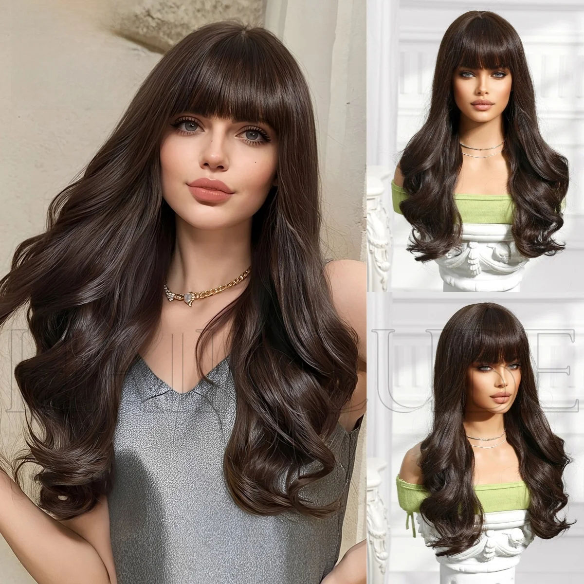 長いブラウンの黒髪ウィッグ、前髪付き、大きなカール、フルヘッドカバー、スレ、クロスボーダー、ローリーンウィッグ（女性用）