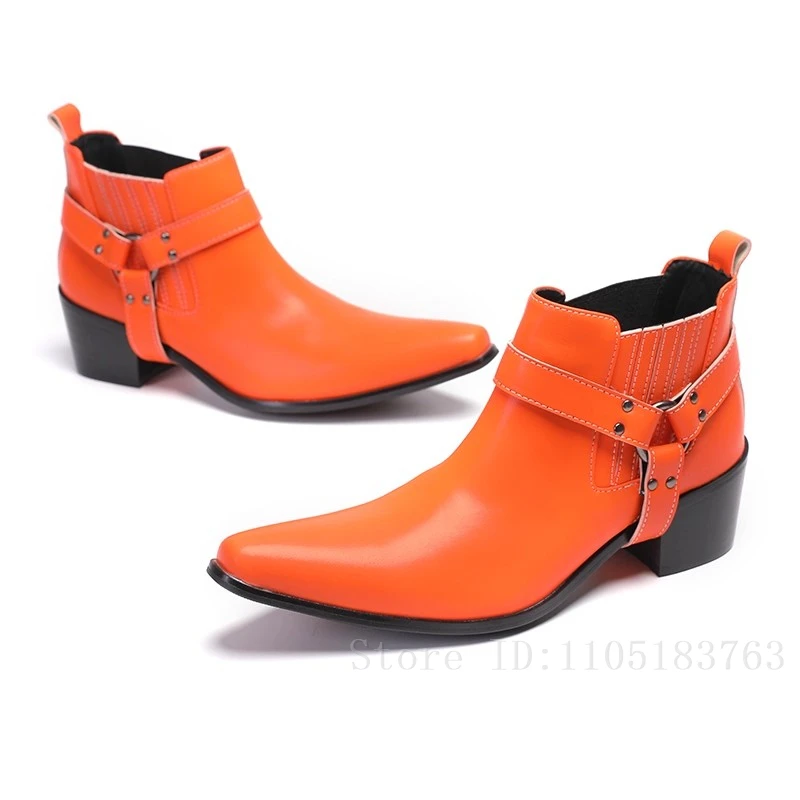 

Luxury Winter Genuine Leather Ankle Boots Fashion Men's Belt Buckle High Heels Punk Chelsea Boots Personalized Dance Boots