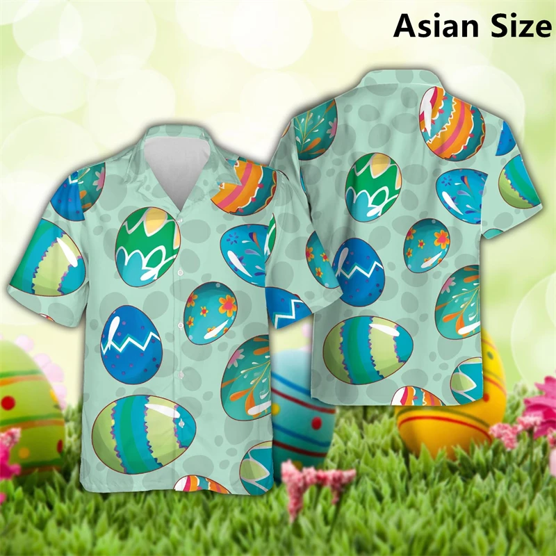 Easter Eggs Bunny Graphic Hawaiian Shirts For Men Summer Casual Holiday 3D Printed Lapel Shirt Fashion Streetwear Kids Blouse