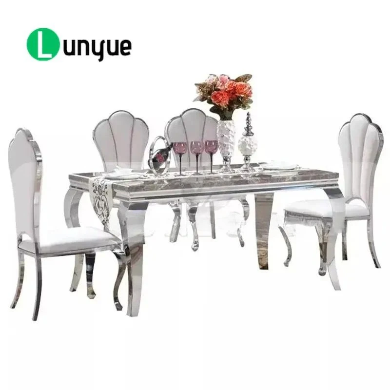 Modern European Style Dining Table Set Stainless Steel Glass Marble Top for Home Villa Apartment Hotel Wholesale Furniture