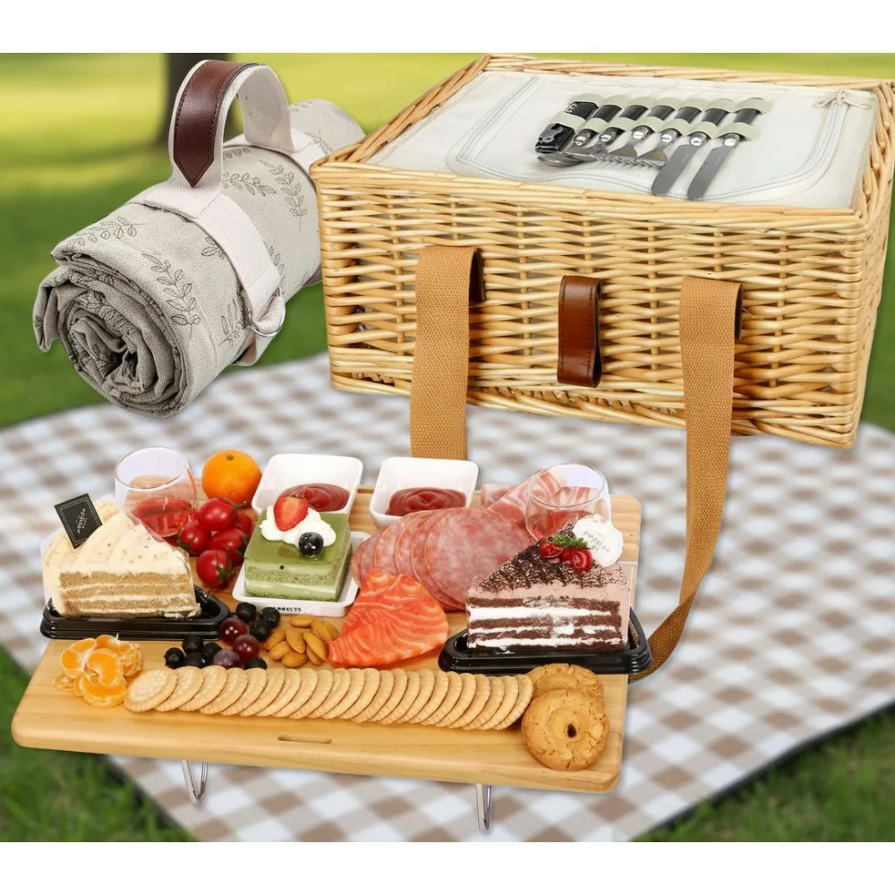 

2-Person Picnic Basket Set with Folding Wine Table, Insulated Cooler Bag & Cutlery - Perfect Couples Wedding Gift