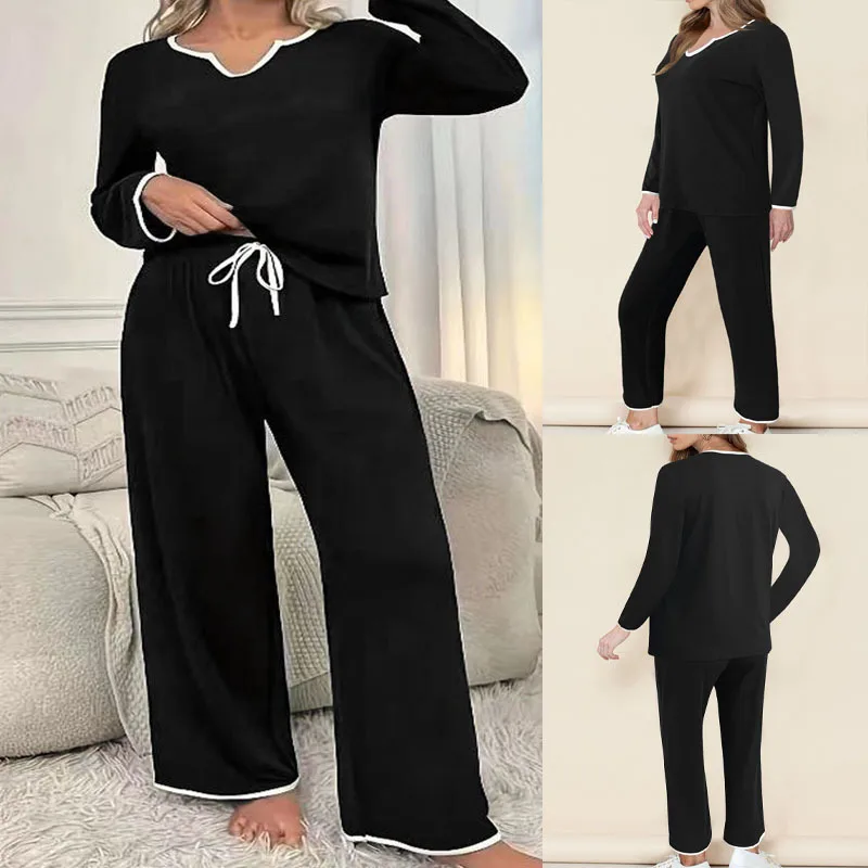 Autumn Winter Solid V-Neck Drawstring Long Pants Set Women's Loose Home Casual