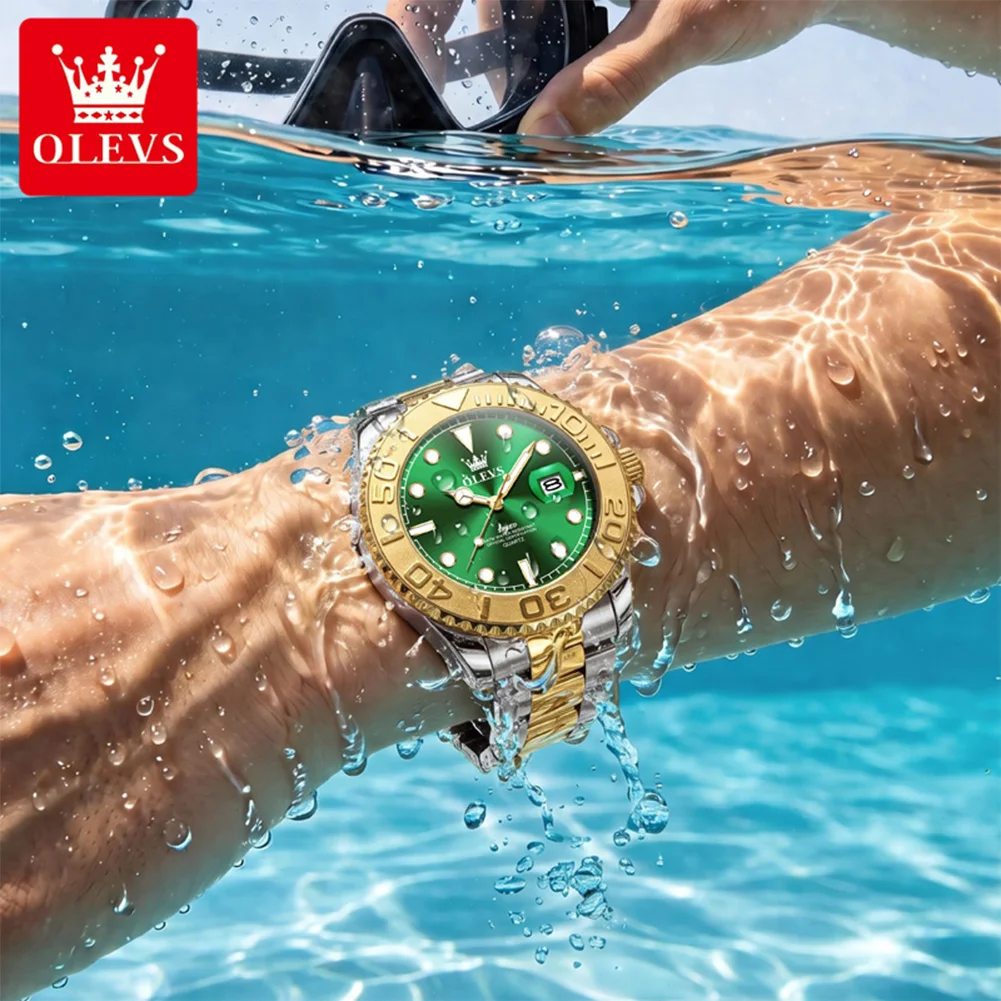 OLEVS 2720 Men's Quartz Watch, Blue Dial Rotating Bezel Stainless Steel Band, Date Dress Watch for Men, Waterproof