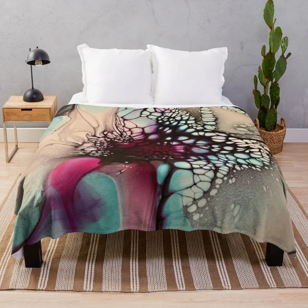 

Beautiful Blue and Magenta Flower Inspired Abstract Fluid Acrylic Pour Throw Blanket Warm Comfortable Blanket for Office Napping