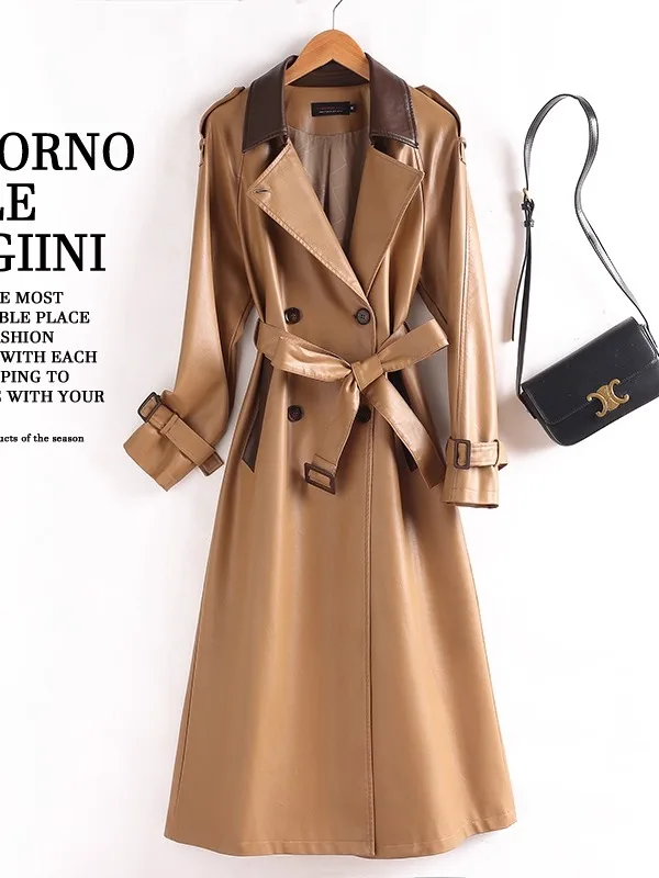   Ning 本革コート レディース ミッドレングス スリムフィット 韓国 スリープスキン ベルト付き オーバーニー トレンディ ウインドブレーカー Jaet