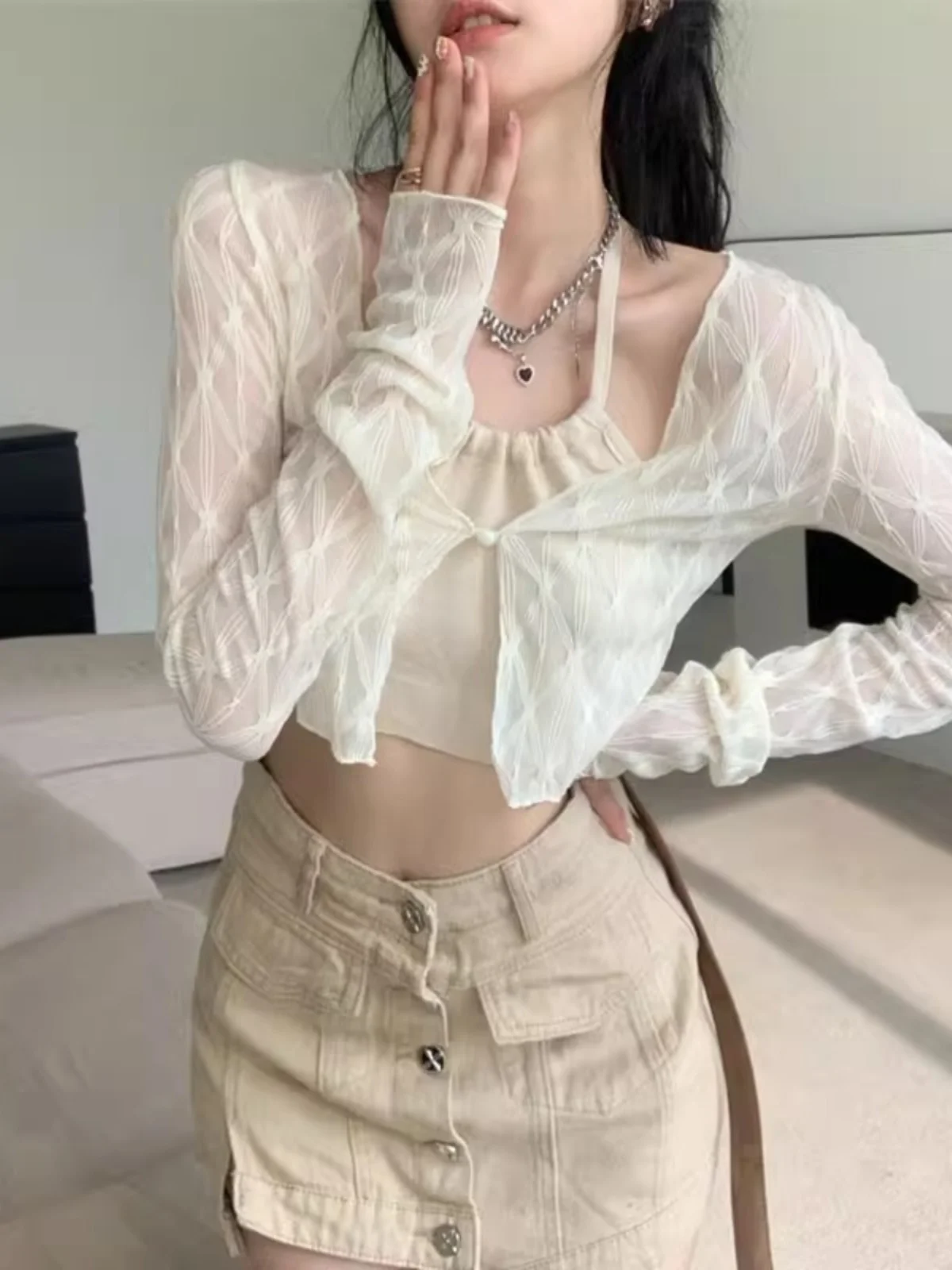 

Sweet And Spicy Sle Ice Silk Women's Summer New Faion oulder awl Cover up Cardigan Outerwear Korean Version Slim Fit