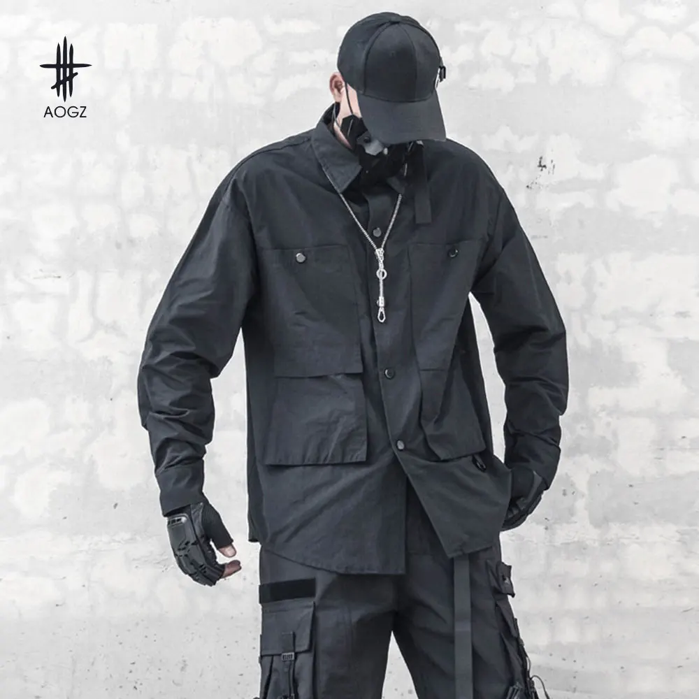 AOGZ Harajuku Hip Hop Casual Pockets Lapel Button Shirt Men Clothing Shirts Streetwear Loose Outwear Drak Black Tops