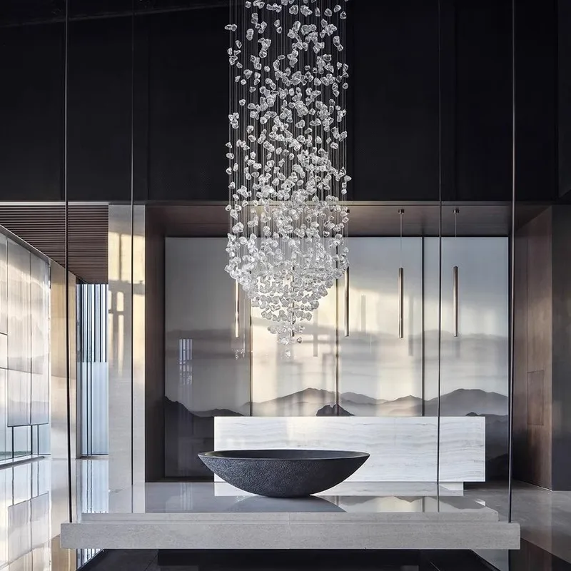 Modern Stone Crystal Led Chandelier Large Luxury Staircase Living Room Light Fixture Long Hallway Lobby Indoor Home Hanging Lamp