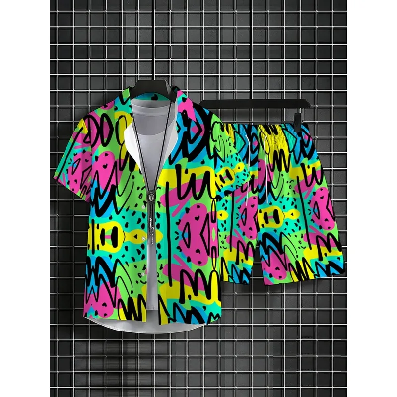 Men's Colorful Printed Short Sleeve Shirt Shorts Set Polyester Lightweight Beachwear Outdoor Casual Summer Vacation Party Wear view 3