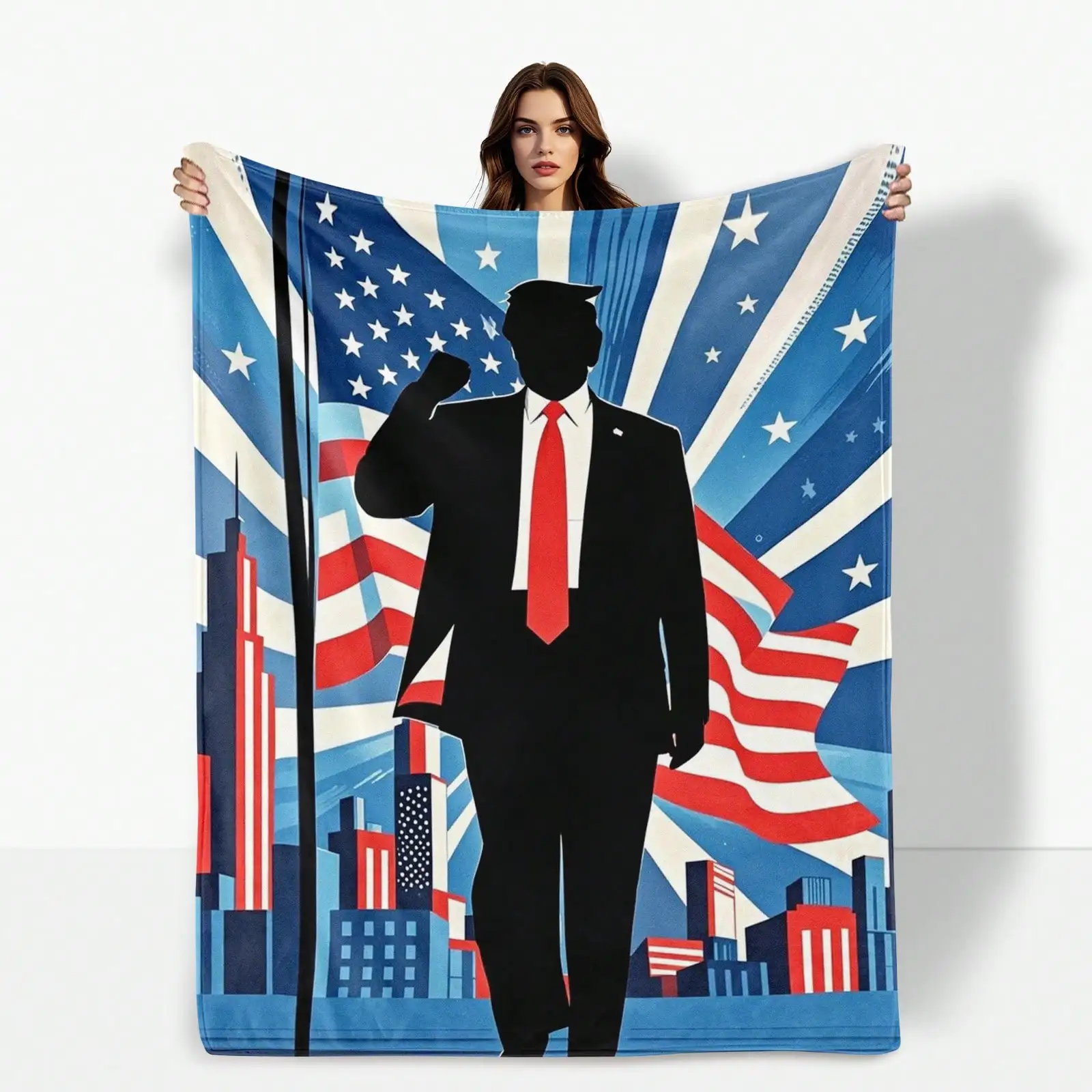 

Patriotic silhouette and flag design blue and black blanket for modern home decoration and display printed blanket