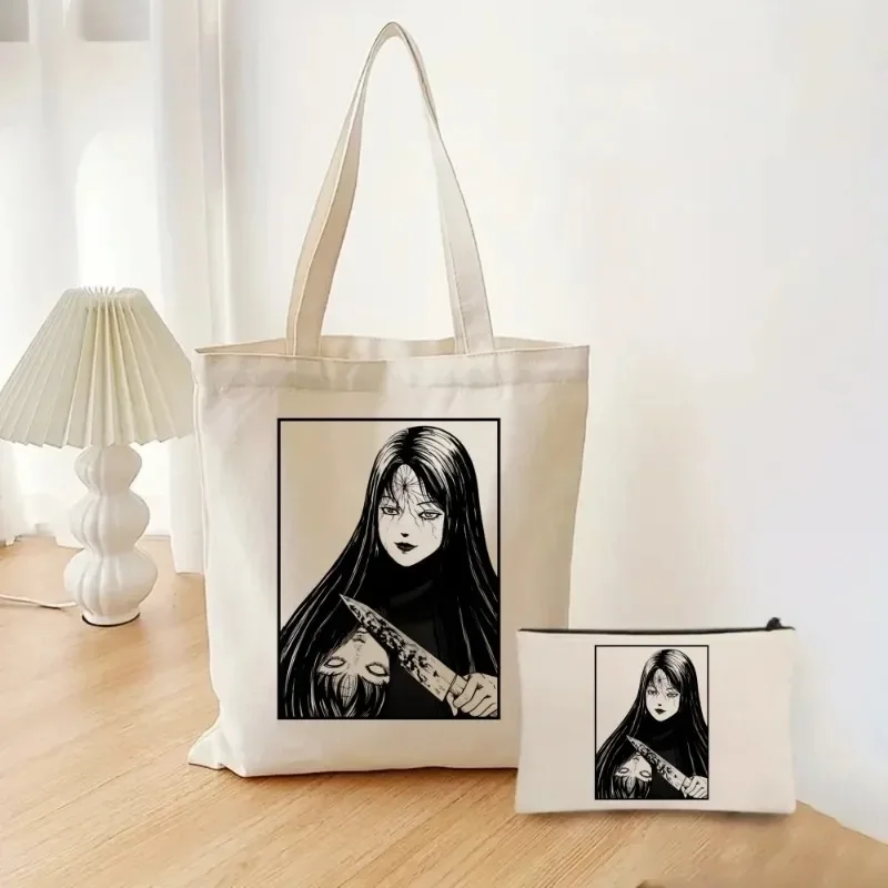 Fashion 2pcs/set Junji Ito Anime Ladies Handbag Cosmetic Bag Tomie Canvas Shoulder Eco Large Capacity Shopping Bag Wallet