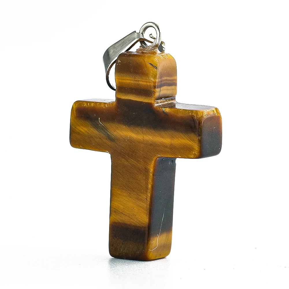 Natural Tiger\'s Eye Quartz Energy Stone Crucifix Cross Necklace Pendant Religion Mascot Amulet Charms Dangle Christening Jewelry