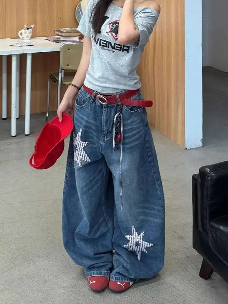 

Широкие джинсы с высокой талией, женские летние повседневные свободные брюки со звездами и принтом в пол, универсальные джинсовые брюки Street Sle