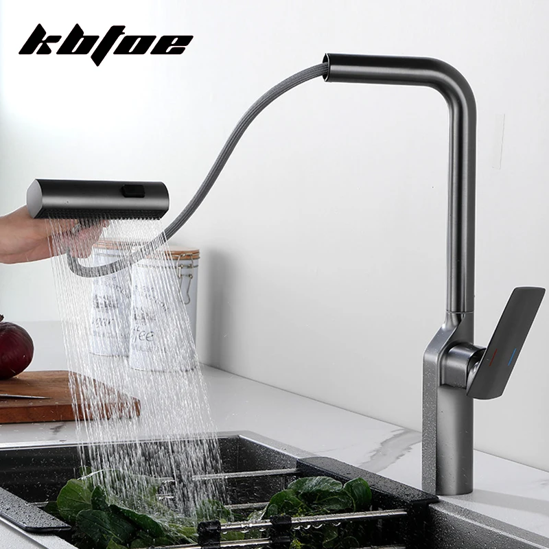 

Gun Grey/Chrome Pull out Kitchen Faucet with Waterfall Rain Spray Cold/Hot Water Deck Mounted Multifunctional Sink Mixer Tap