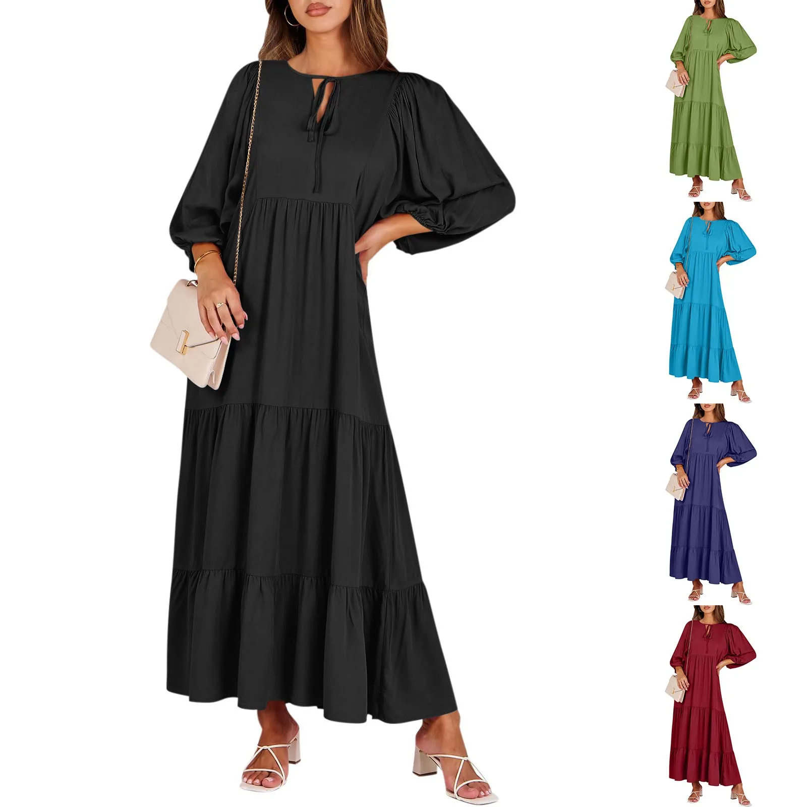 Chic Puff Sleeve Boho Maxi Dress Summer Solid Color Lazy Style Loose Casual Style Vacation Drawstring V-Neck Long Beach Dresses