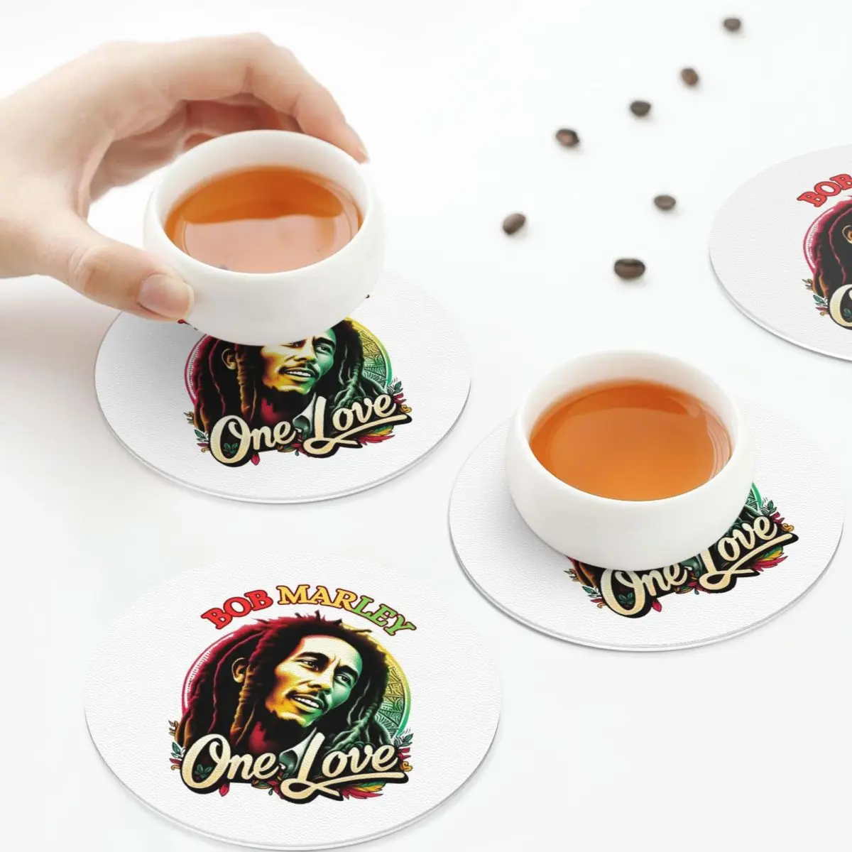 Jamaica Reggae Rock Bob Marley Coasters PVC Leather Placemats Insulation Coffee Mats for Decor Home Kitchen Dining Pads Set of 6