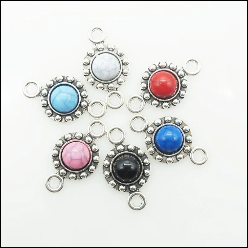 18Pcs Tibetan Silver Plated Sun Flower Round Mixed Acrylic Charms Pendants Connectors 14x25mm