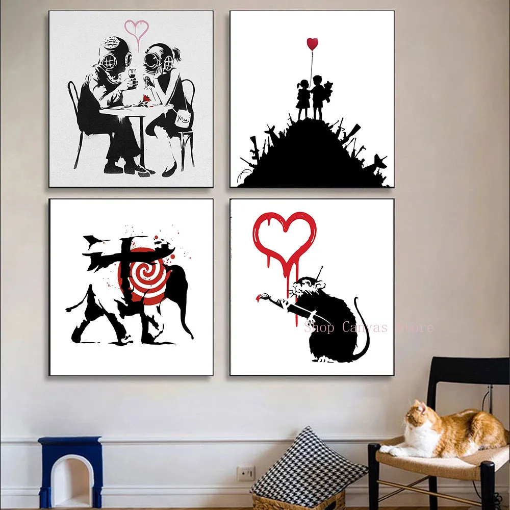 Banksy Street Art Canvas Painting Heavy Weaponry, Kids On Guns, Love Rat ,Diver Love, Poster Print Abstract Wall Art Home Decor