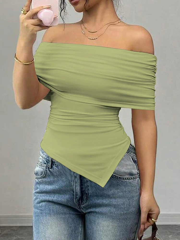 المرأة الجديدة تي شيرت الصيف موضة مائل الرقبة الشارع الشهير عادية سليم تنوعا تيز الصلبة مثير قبالة الكتف ملابس سيدة أنيقة