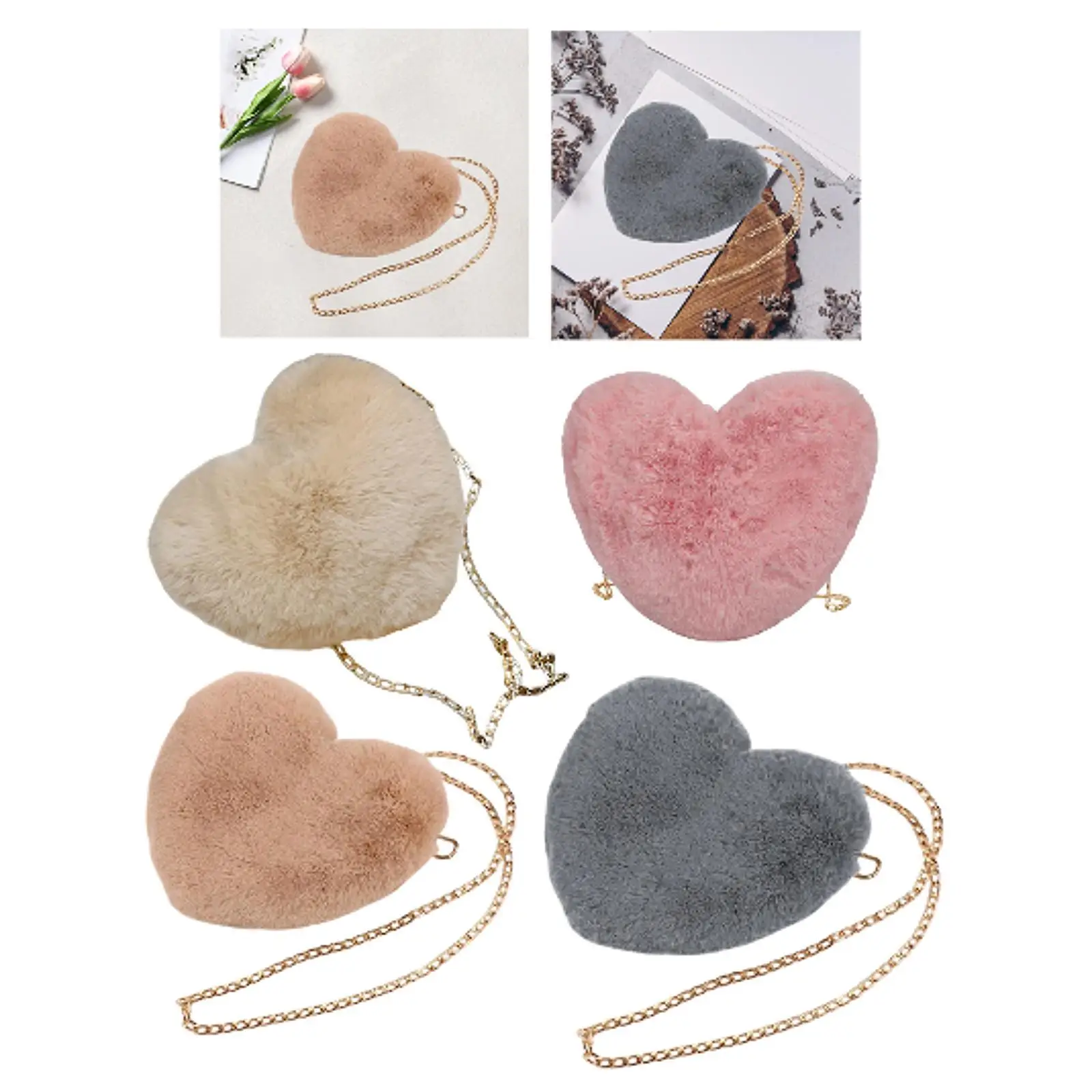 Heart Shaped Shoulder Bag Crossbody Bag with Chain Fashion Casual Cute Furry Purse Evening Bag Lightweight for Party Daily Use